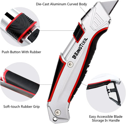 Self-Retracting Box Cutter with Holster & Belt Clip, Auto Retractable Safety Utility Knife with Total 10PCS SK5 blades, Aaluminum Shell with Rubber Grip, Sturdy & Strong