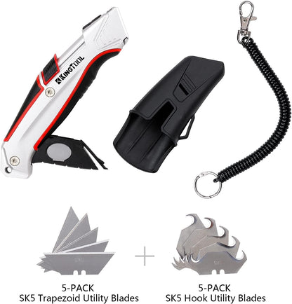 Self-Retracting Box Cutter with Holster & Belt Clip, Auto Retractable Safety Utility Knife with Total 10PCS SK5 blades, Aaluminum Shell with Rubber Grip, Sturdy & Strong