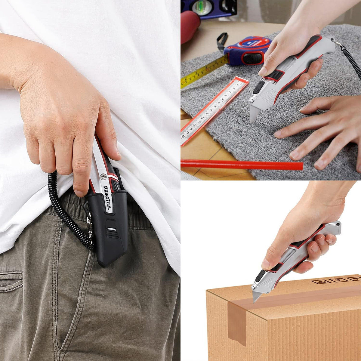 Self-Retracting Box Cutter with Holster & Belt Clip, Auto Retractable Safety Utility Knife with Total 10PCS SK5 blades, Aaluminum Shell with Rubber Grip, Sturdy & Strong