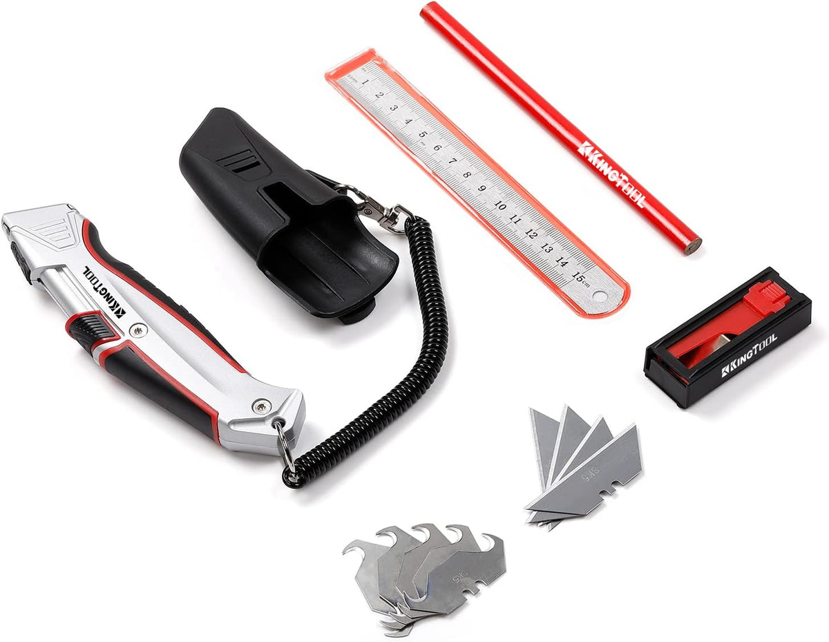 Self-Retracting Box Cutter with Holster & Belt Clip, Auto Retractable Safety Utility Knife with Total 10PCS SK5 blades, Aaluminum Shell with Rubber Grip, Sturdy & Strong
