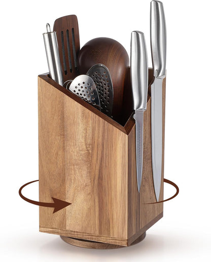 Magnetic Knife Block Without Knife Wood Utensil Holder 360° Rotatable Magnetic Knives Holder Organizer 9.65 x 5.5 Inches Universal Magnet Organizer Large Acacia Wood Kitchen Farmhouse Countertop Cook