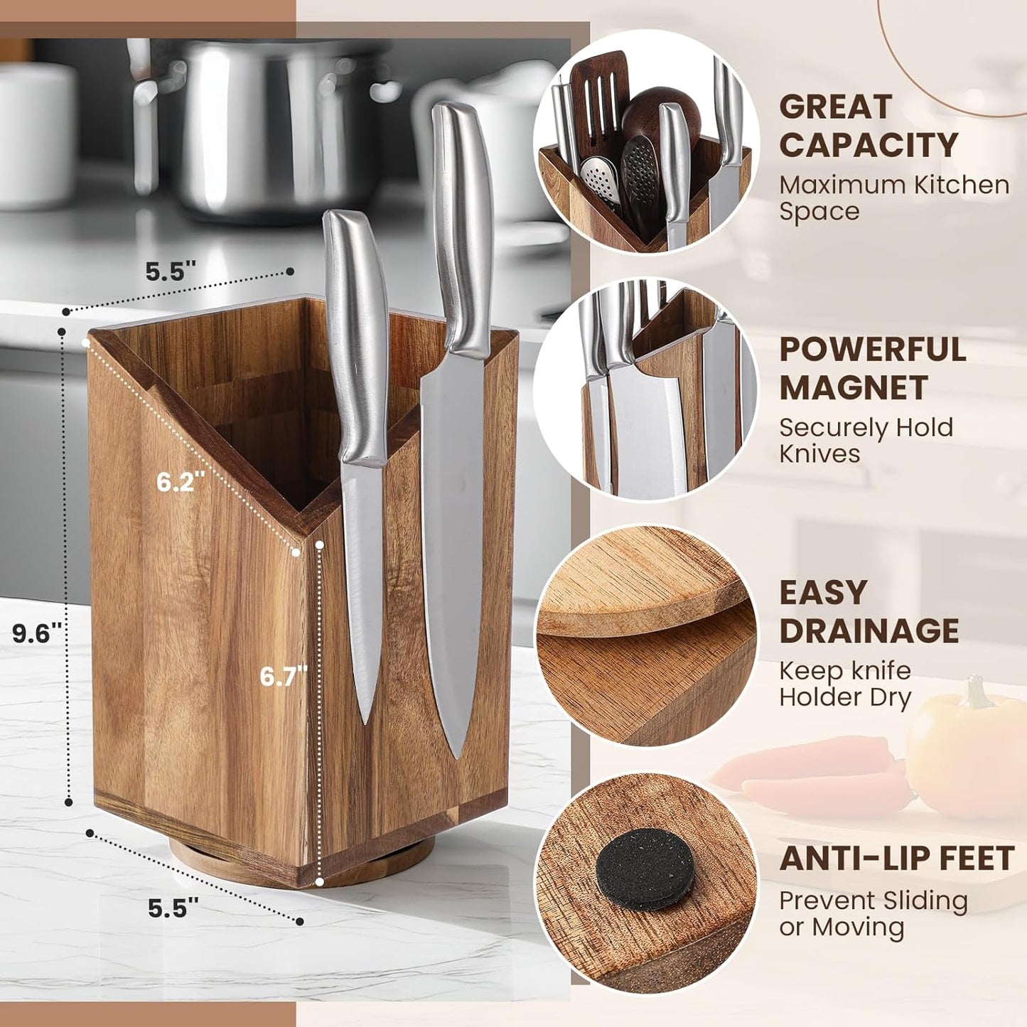 Magnetic Knife Block Without Knife Wood Utensil Holder 360° Rotatable Magnetic Knives Holder Organizer 9.65 x 5.5 Inches Universal Magnet Organizer Large Acacia Wood Kitchen Farmhouse Countertop Cook