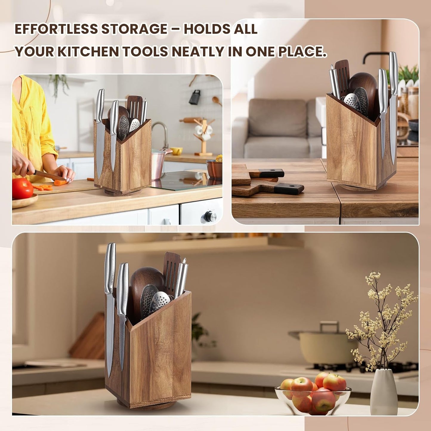 Magnetic Knife Block Without Knife Wood Utensil Holder 360° Rotatable Magnetic Knives Holder Organizer 9.65 x 5.5 Inches Universal Magnet Organizer Large Acacia Wood Kitchen Farmhouse Countertop Cook