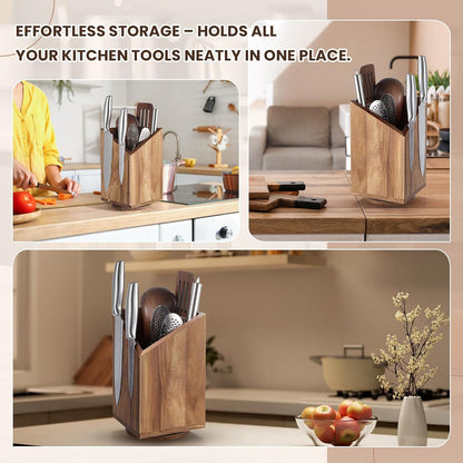 Magnetic Knife Block Without Knife Wood Utensil Holder 360° Rotatable Magnetic Knives Holder Organizer 9.65 x 5.5 Inches Universal Magnet Organizer Large Acacia Wood Kitchen Farmhouse Countertop Cook
