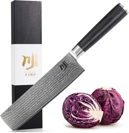 Nakiri Knife VG-10 Damascus Steel 67-Layer Japanese Vegetable Cleaver, Ultra Sharp 602 HRC Kitchen Knife with Black Pakka Wood Handle, Professional Chef Knife for Vegetables & Food Prep