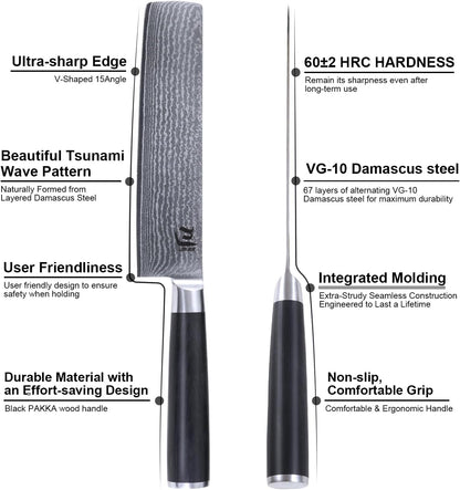 Nakiri Knife VG-10 Damascus Steel 67-Layer Japanese Vegetable Cleaver, Ultra Sharp 602 HRC Kitchen Knife with Black Pakka Wood Handle, Professional Chef Knife for Vegetables & Food Prep