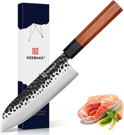 Santoku Knife 7 inch Chef Knife, Japanese 440C Stainless Steel Kitchen Knife, Porfessional Cooking Knife for Meat Cutting with G10 Bolster Octagonal Wood Handle