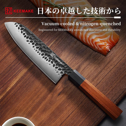Santoku Knife 7 inch Chef Knife, Japanese 440C Stainless Steel Kitchen Knife, Porfessional Cooking Knife for Meat Cutting with G10 Bolster Octagonal Wood Handle