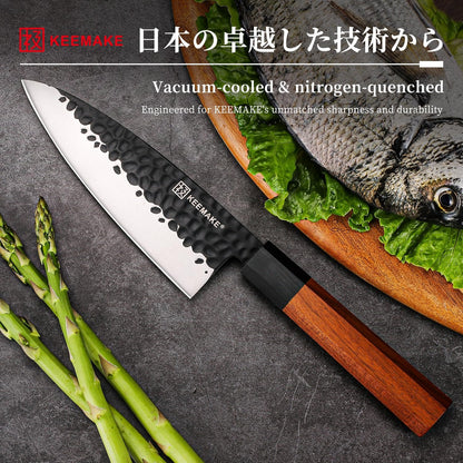 Santoku Knife 7 inch Chef Knife, Japanese 440C Stainless Steel Kitchen Knife, Porfessional Cooking Knife for Meat Cutting with G10 Bolster Octagonal Wood Handle