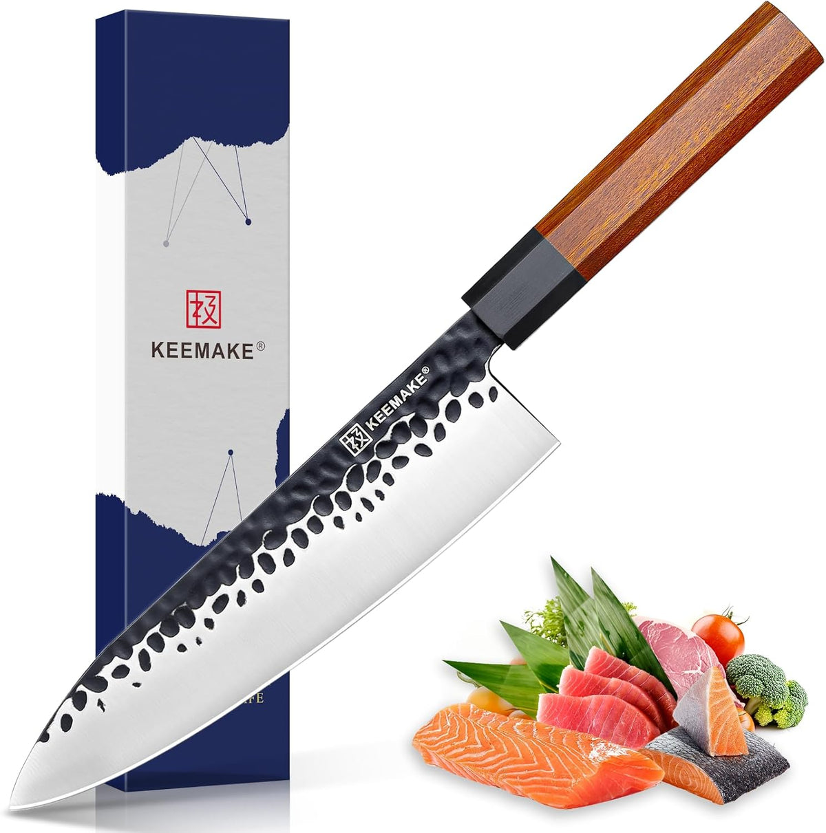 Santoku Knife 7 inch Chef Knife, Japanese 440C Stainless Steel Kitchen Knife, Porfessional Cooking Knife for Meat Cutting with G10 Bolster Octagonal Wood Handle