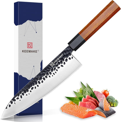 Santoku Knife 7 inch Chef Knife, Japanese 440C Stainless Steel Kitchen Knife, Porfessional Cooking Knife for Meat Cutting with G10 Bolster Octagonal Wood Handle