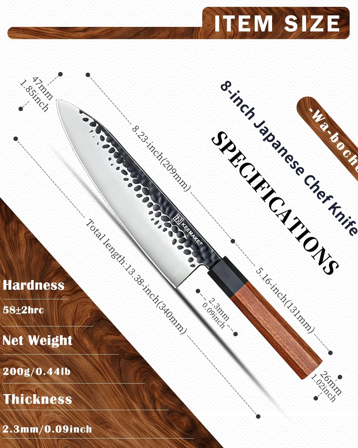 Santoku Knife 7 inch Chef Knife, Japanese 440C Stainless Steel Kitchen Knife, Porfessional Cooking Knife for Meat Cutting with G10 Bolster Octagonal Wood Handle
