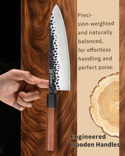 Santoku Knife 7 inch Chef Knife, Japanese 440C Stainless Steel Kitchen Knife, Porfessional Cooking Knife for Meat Cutting with G10 Bolster Octagonal Wood Handle