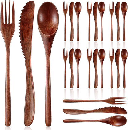 12 Pcs Wooden Utensils for Eating Wooden Spoon Fork Knife Cutlery Set Kitchen Wood Dinner Flatware Tableware Set Includes Spoon, Fork, Knife