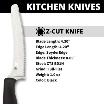 Z-Cut Kitchen Knife, SpyderEdge | 8.62" Overall Length, 4.3" CTS BD1N Steel Blade, Black, Polypropylene Handle, Full-Flat Grind