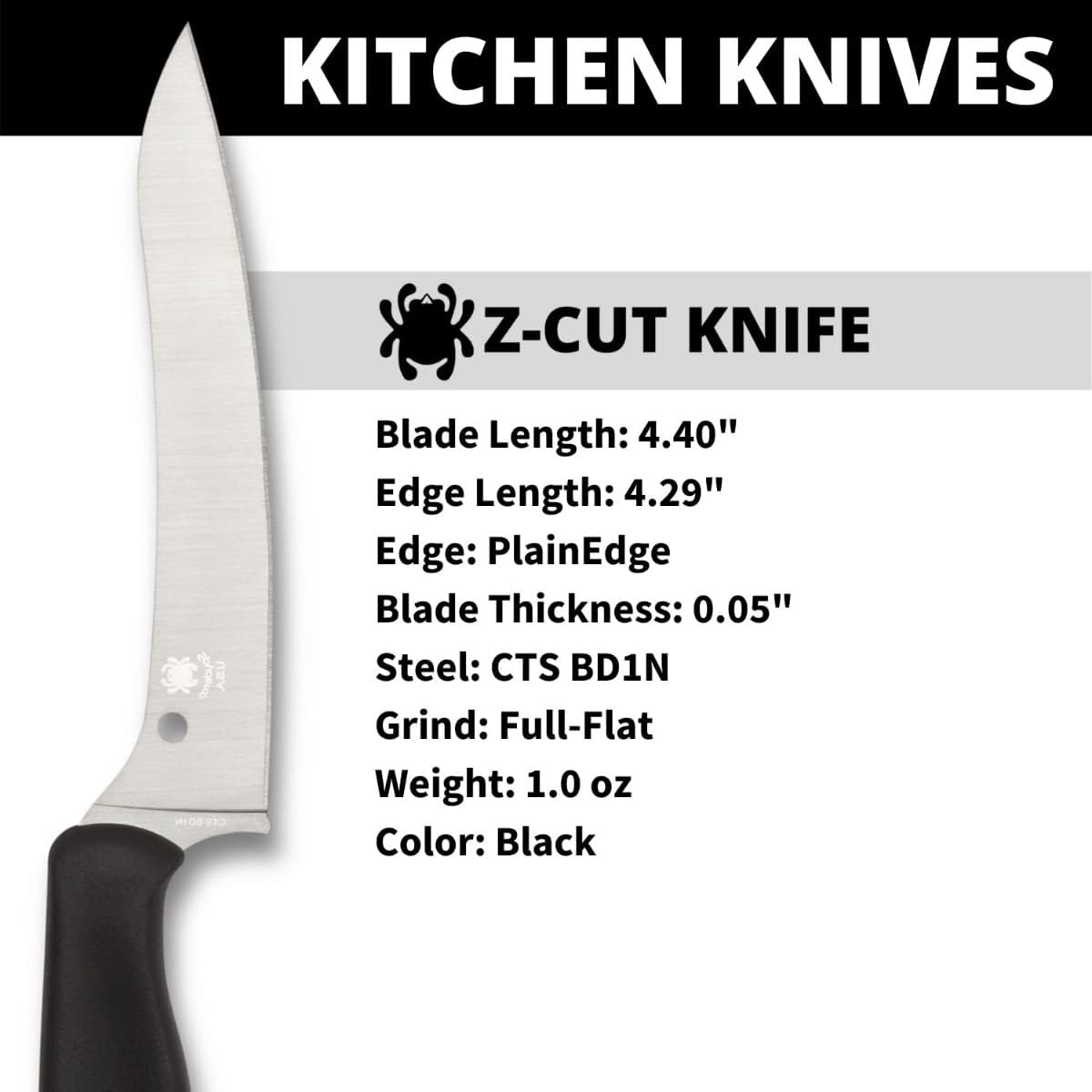 Z-Cut Kitchen Knife, SpyderEdge | 8.62" Overall Length, 4.3" CTS BD1N Steel Blade, Black, Polypropylene Handle, Full-Flat Grind