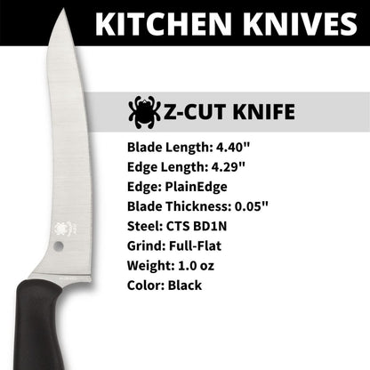 Z-Cut Kitchen Knife, SpyderEdge | 8.62" Overall Length, 4.3" CTS BD1N Steel Blade, Black, Polypropylene Handle, Full-Flat Grind