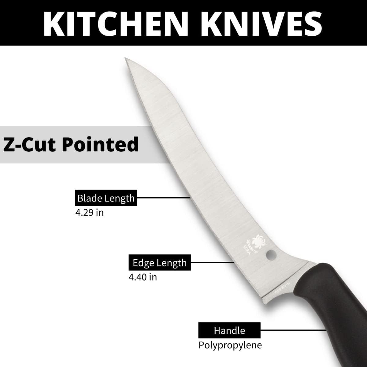 Z-Cut Kitchen Knife, SpyderEdge | 8.62" Overall Length, 4.3" CTS BD1N Steel Blade, Black, Polypropylene Handle, Full-Flat Grind