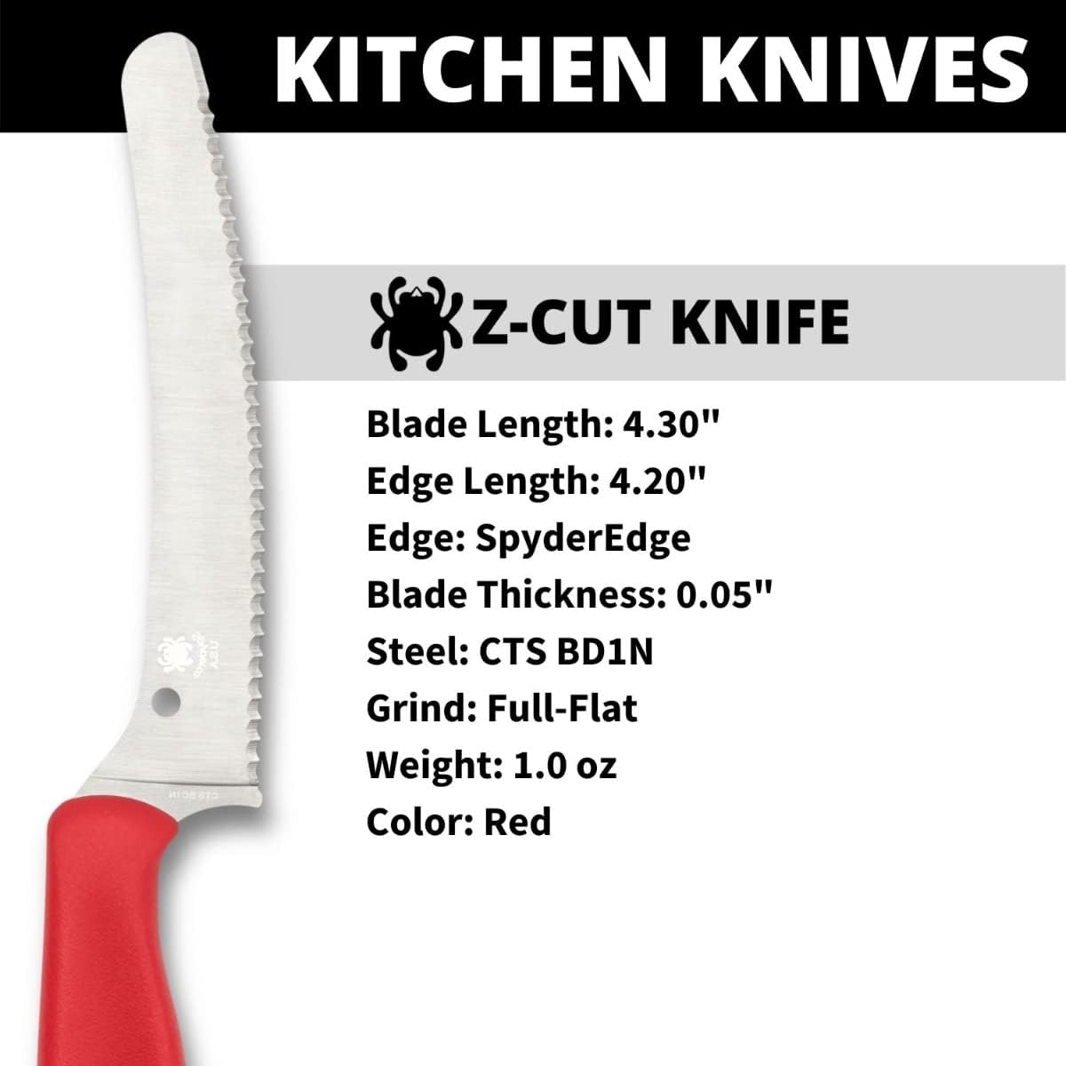 Z-Cut Kitchen Knife, SpyderEdge | 8.62" Overall Length, 4.3" CTS BD1N Steel Blade, Black, Polypropylene Handle, Full-Flat Grind