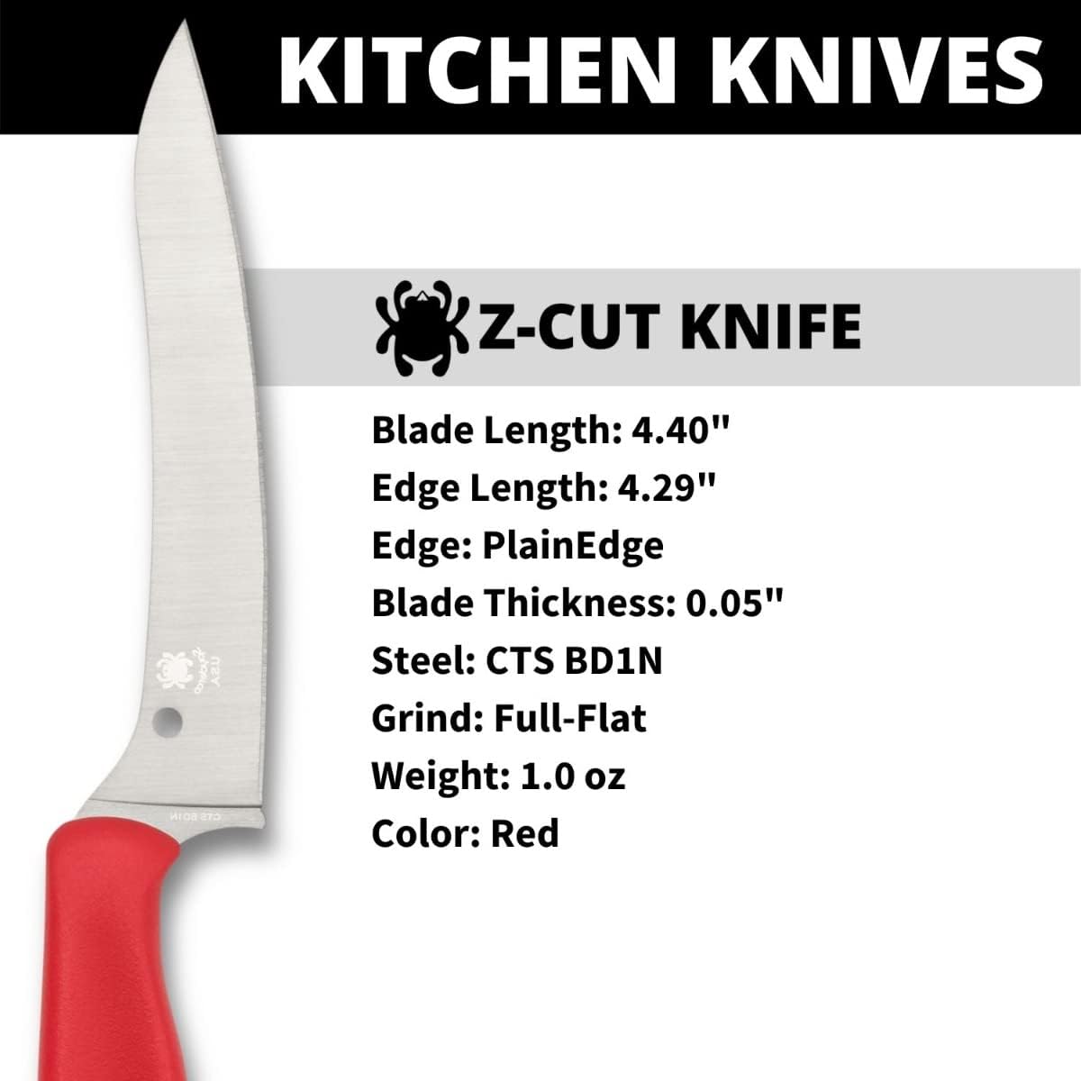 Z-Cut Kitchen Knife, SpyderEdge | 8.62" Overall Length, 4.3" CTS BD1N Steel Blade, Black, Polypropylene Handle, Full-Flat Grind