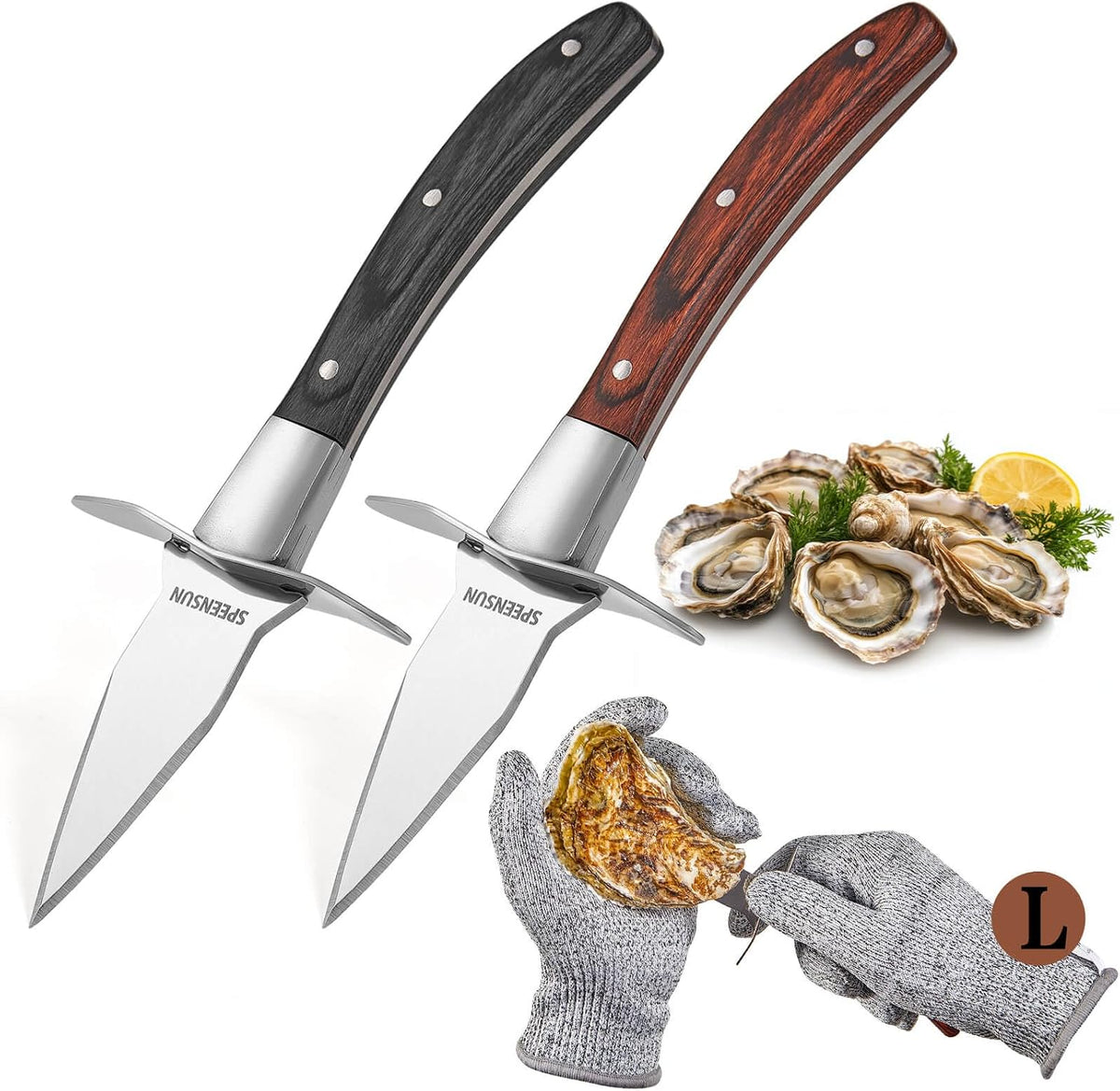 Oyster Shucking Knife Set, Pakkawood Handle, Level 5 Gloves(L)
