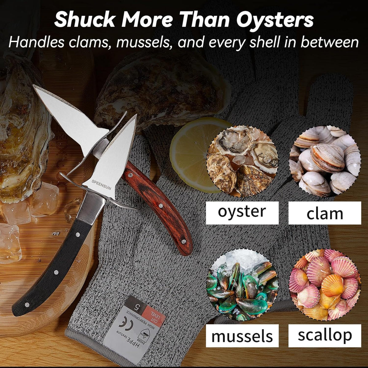 Oyster Shucking Knife Set, Pakkawood Handle, Level 5 Gloves(L)