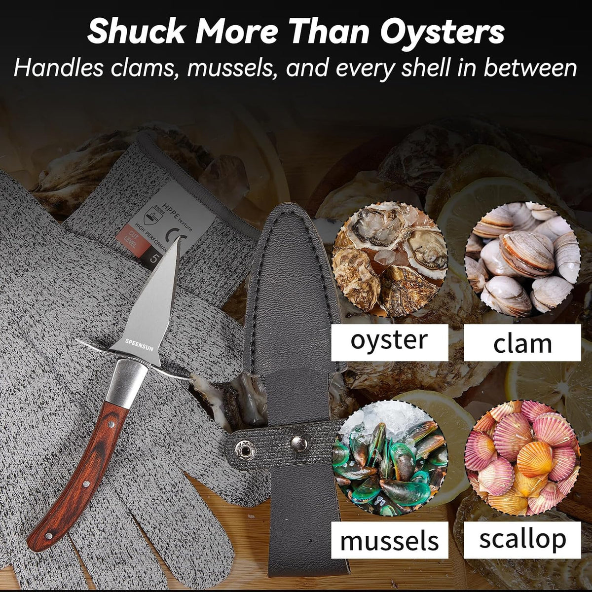 Oyster Shucking Knife Set, Pakkawood Handle, Level 5 Gloves(L)