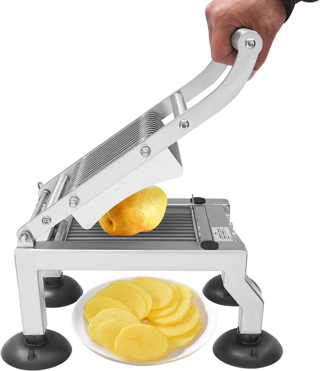 Commercial Vegetable Cutter, 0.4”/10mm Thickness Manual Tomato Slicer, Stainless Steel French Fry Cutter Tomato Slicer Tool with 4 Suction Cups for Tomato Cucumber Onion Ham Egg
