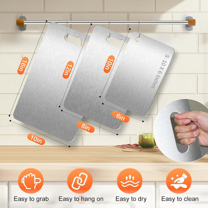 3Pcs Cutting Boards for Kitchen 304 Food Grade Stainless Steel, Large-Small Titanium Cutting Board for Cutting Fruit, Meat, Fish, Vegetables, Easy Grip Handle Easy Cleaning Dishwasher Safe