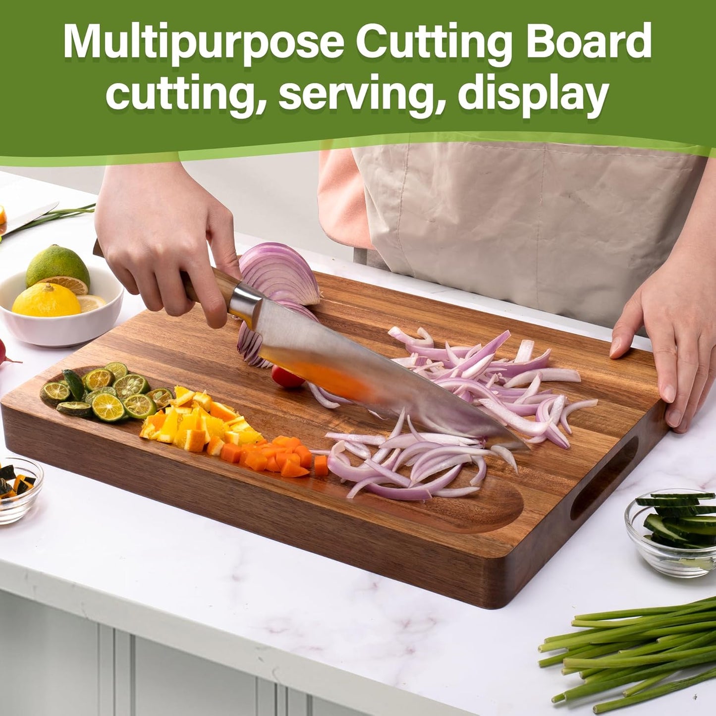 4-Piece Bamboo Cutting Boards for Kitchen, Chopping Board Set with Food Icon (Meat, Fish, Vegetables, Fruits) Butcher Block with Stands, Handles & Juice Grooves (Small, Medium, Large, XL)
