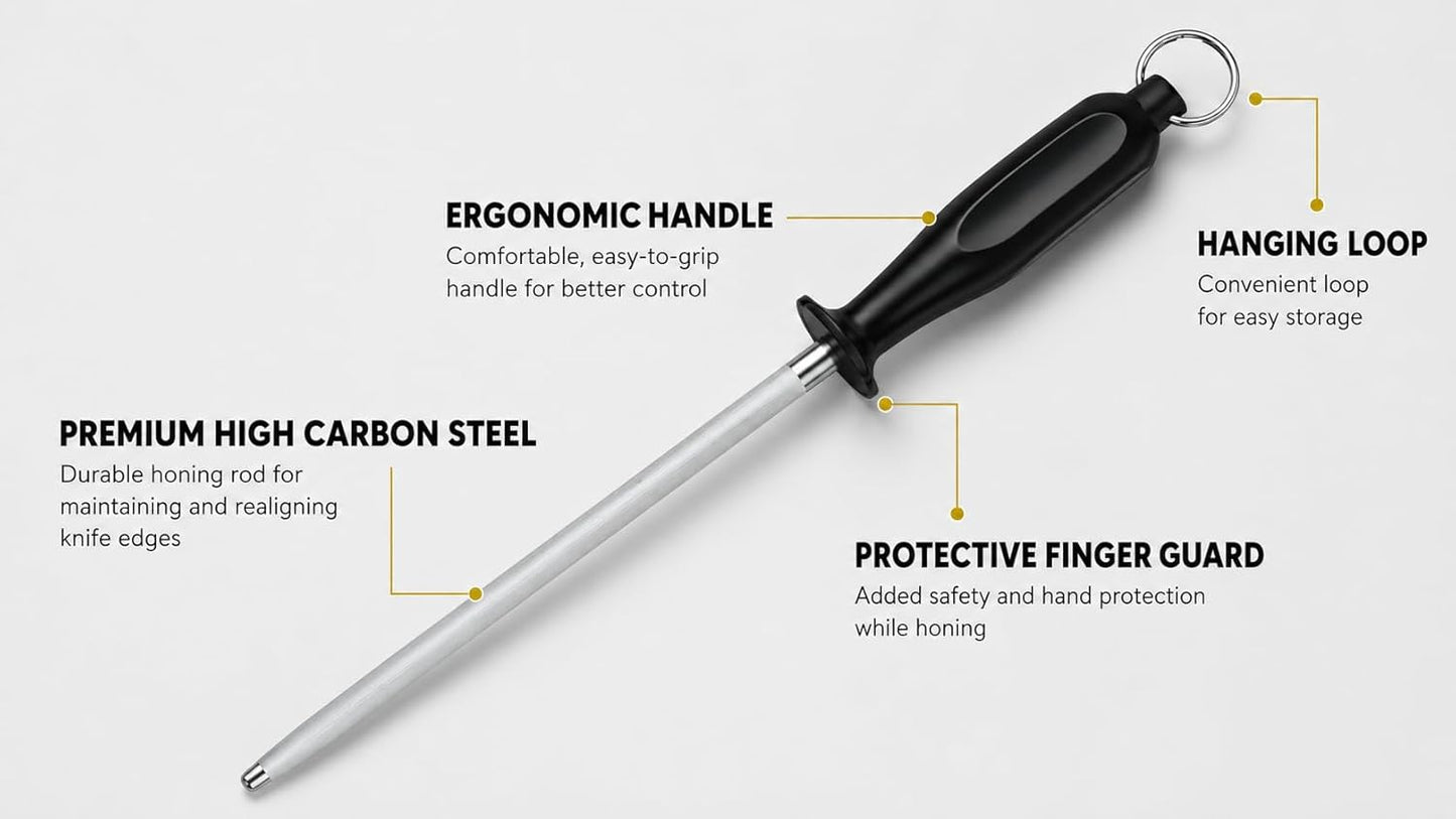 Honing Steel Rod 10 Inch, High Carbon Sharpening Steel Knife Sharpener with Non-Slip Ergonomic Handle, Professional Rod for Kitchen, Chef & Butcher Knives, Gift Box Included