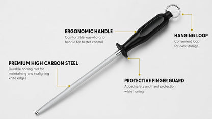 Honing Steel Rod 10 Inch, High Carbon Sharpening Steel Knife Sharpener with Non-Slip Ergonomic Handle, Professional Rod for Kitchen, Chef & Butcher Knives, Gift Box Included