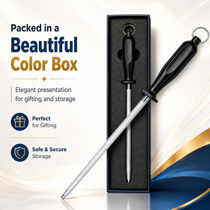 Honing Steel Rod 10 Inch, High Carbon Sharpening Steel Knife Sharpener with Non-Slip Ergonomic Handle, Professional Rod for Kitchen, Chef & Butcher Knives, Gift Box Included