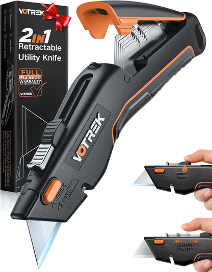 VOTREK® Box Cutter Utility Knife, [2-in-1] Retractable Box Cutter, with Blade Storage, Safety All Metal Heavy Duty Sharp Razor Knife for Home & Warehouse Cardboard, Carton, with Extra Blades
