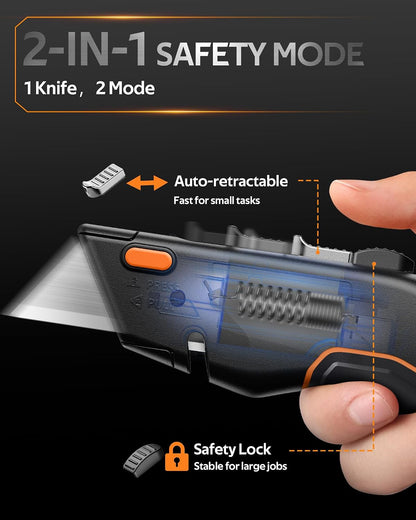 VOTREK® Box Cutter Utility Knife, [2-in-1] Retractable Box Cutter, with Blade Storage, Safety All Metal Heavy Duty Sharp Razor Knife for Home & Warehouse Cardboard, Carton, with Extra Blades