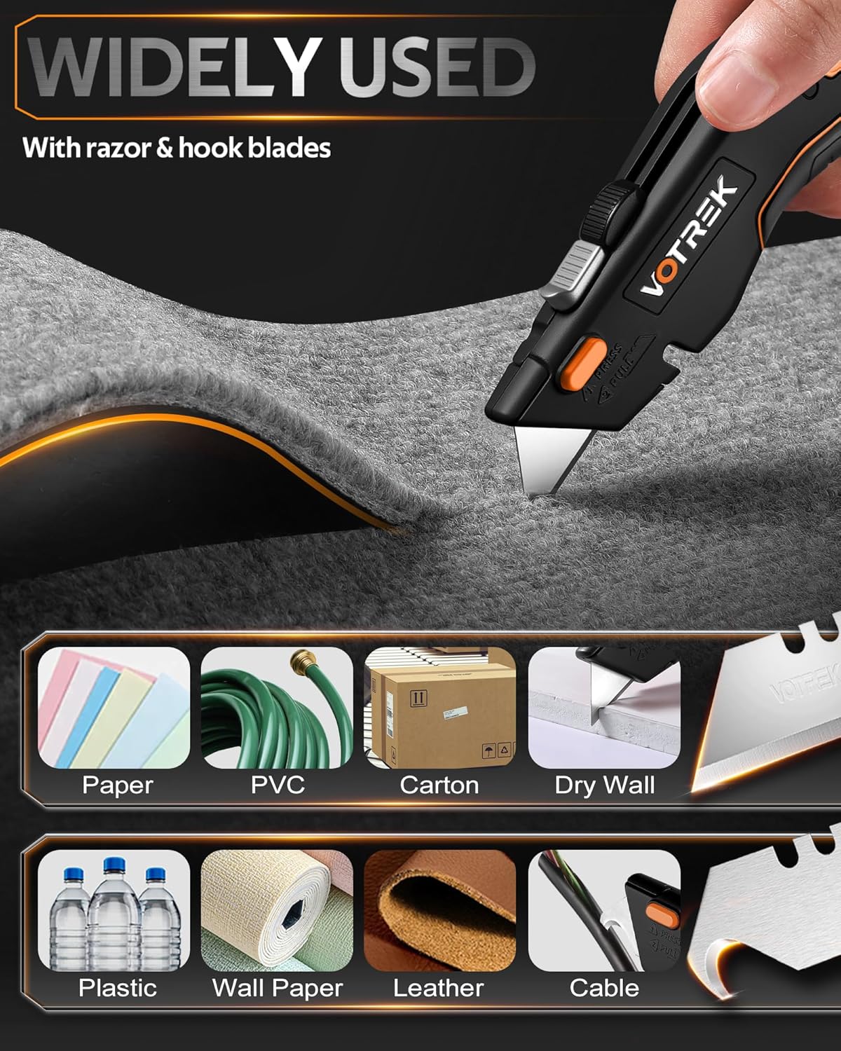 VOTREK® Box Cutter Utility Knife, [2-in-1] Retractable Box Cutter, with Blade Storage, Safety All Metal Heavy Duty Sharp Razor Knife for Home & Warehouse Cardboard, Carton, with Extra Blades