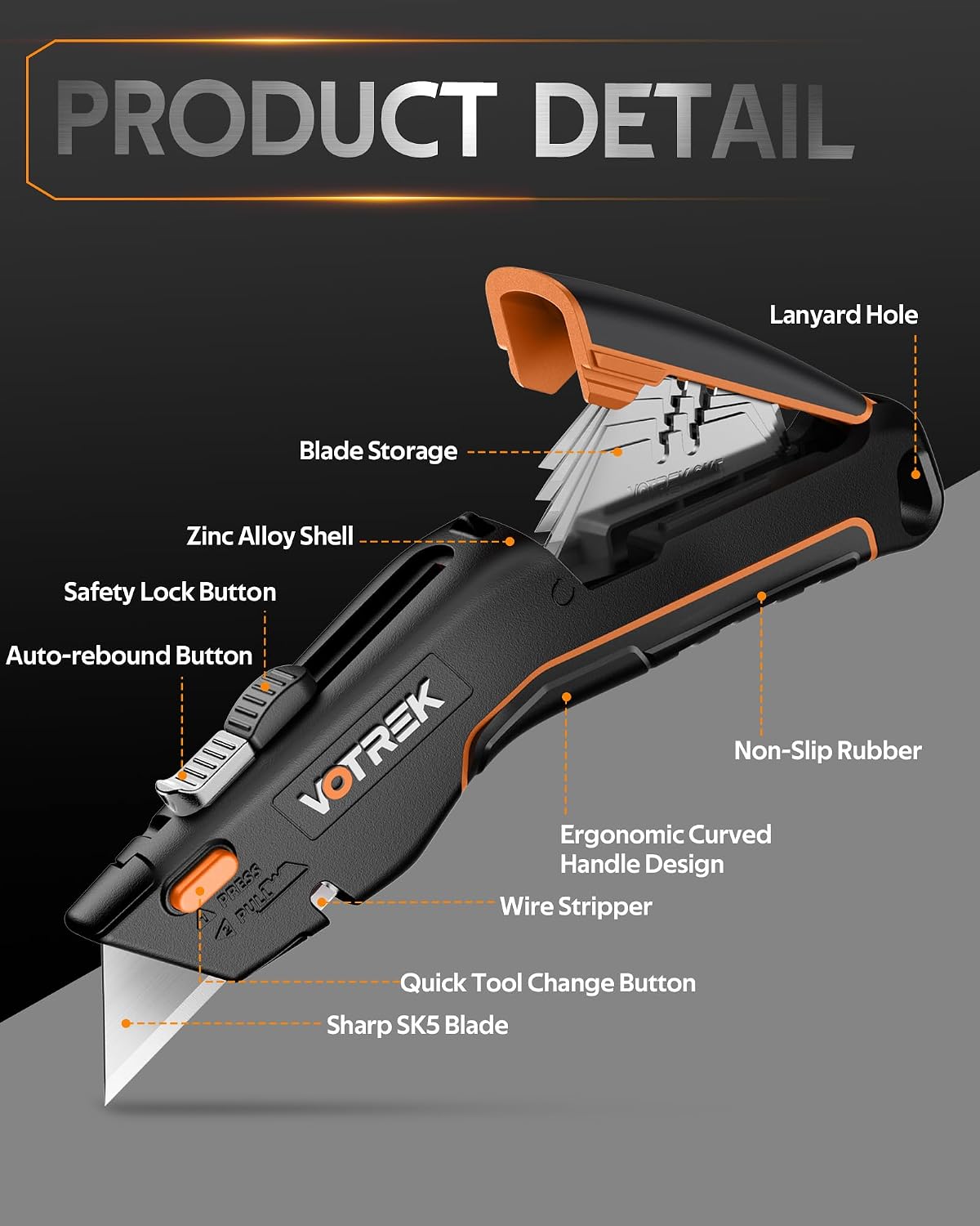 VOTREK® Box Cutter Utility Knife, [2-in-1] Retractable Box Cutter, with Blade Storage, Safety All Metal Heavy Duty Sharp Razor Knife for Home & Warehouse Cardboard, Carton, with Extra Blades