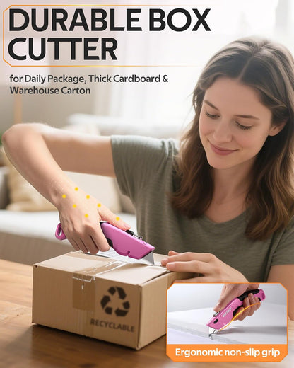 VOTREK® Box Cutter Utility Knife, [2-in-1] Retractable Box Cutter, with Blade Storage, Safety All Metal Heavy Duty Sharp Razor Knife for Home & Warehouse Cardboard, Carton, with Extra Blades