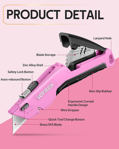 VOTREK® Box Cutter Utility Knife, [2-in-1] Retractable Box Cutter, with Blade Storage, Safety All Metal Heavy Duty Sharp Razor Knife for Home & Warehouse Cardboard, Carton, with Extra Blades
