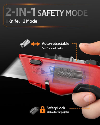 VOTREK® Box Cutter Utility Knife, [2-in-1] Retractable Box Cutter, with Blade Storage, Safety All Metal Heavy Duty Sharp Razor Knife for Home & Warehouse Cardboard, Carton, with Extra Blades