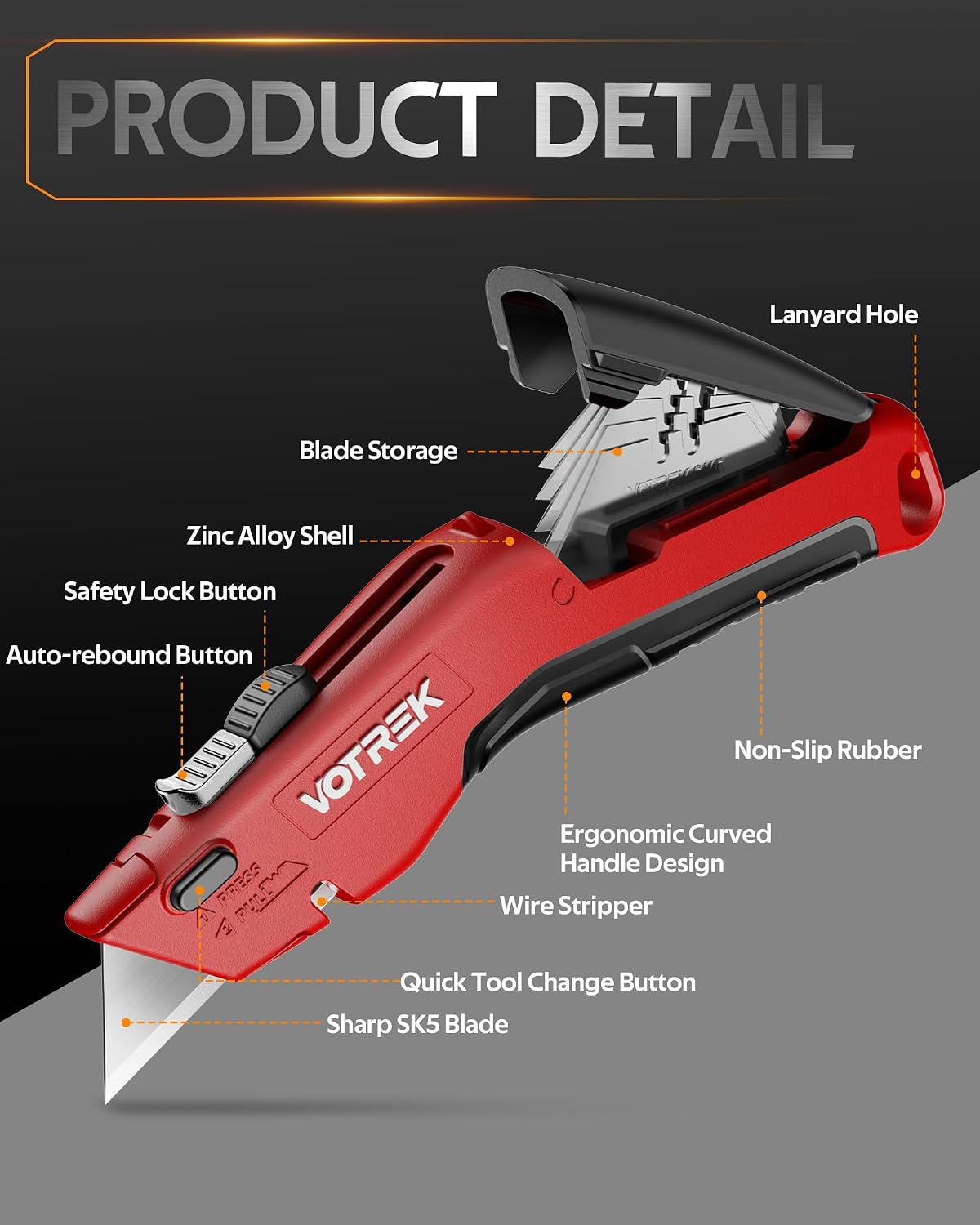VOTREK® Box Cutter Utility Knife, [2-in-1] Retractable Box Cutter, with Blade Storage, Safety All Metal Heavy Duty Sharp Razor Knife for Home & Warehouse Cardboard, Carton, with Extra Blades