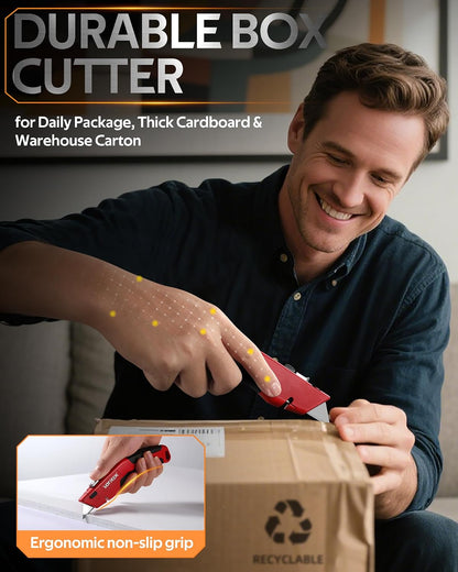 VOTREK® Box Cutter Utility Knife, [2-in-1] Retractable Box Cutter, with Blade Storage, Safety All Metal Heavy Duty Sharp Razor Knife for Home & Warehouse Cardboard, Carton, with Extra Blades