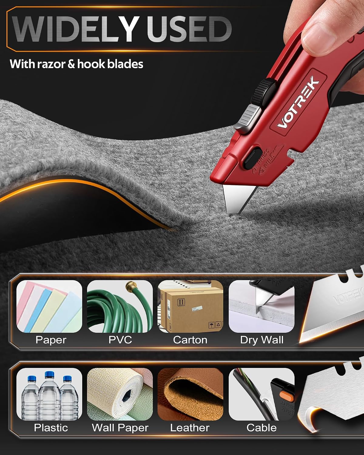VOTREK® Box Cutter Utility Knife, [2-in-1] Retractable Box Cutter, with Blade Storage, Safety All Metal Heavy Duty Sharp Razor Knife for Home & Warehouse Cardboard, Carton, with Extra Blades