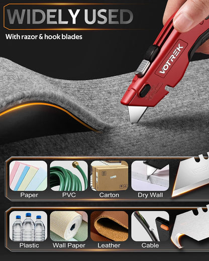 VOTREK® Box Cutter Utility Knife, [2-in-1] Retractable Box Cutter, with Blade Storage, Safety All Metal Heavy Duty Sharp Razor Knife for Home & Warehouse Cardboard, Carton, with Extra Blades