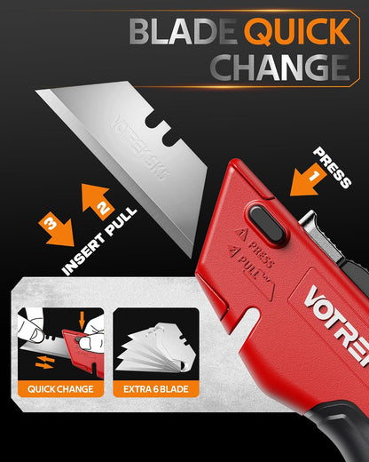 VOTREK® Box Cutter Utility Knife, [2-in-1] Retractable Box Cutter, with Blade Storage, Safety All Metal Heavy Duty Sharp Razor Knife for Home & Warehouse Cardboard, Carton, with Extra Blades