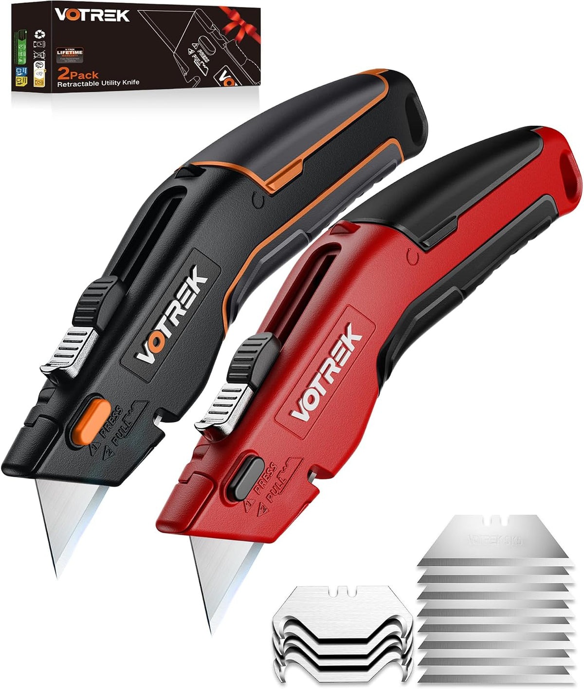 VOTREK® Box Cutter Utility Knife, [2-in-1] Retractable Box Cutter, with Blade Storage, Safety All Metal Heavy Duty Sharp Razor Knife for Home & Warehouse Cardboard, Carton, with Extra Blades