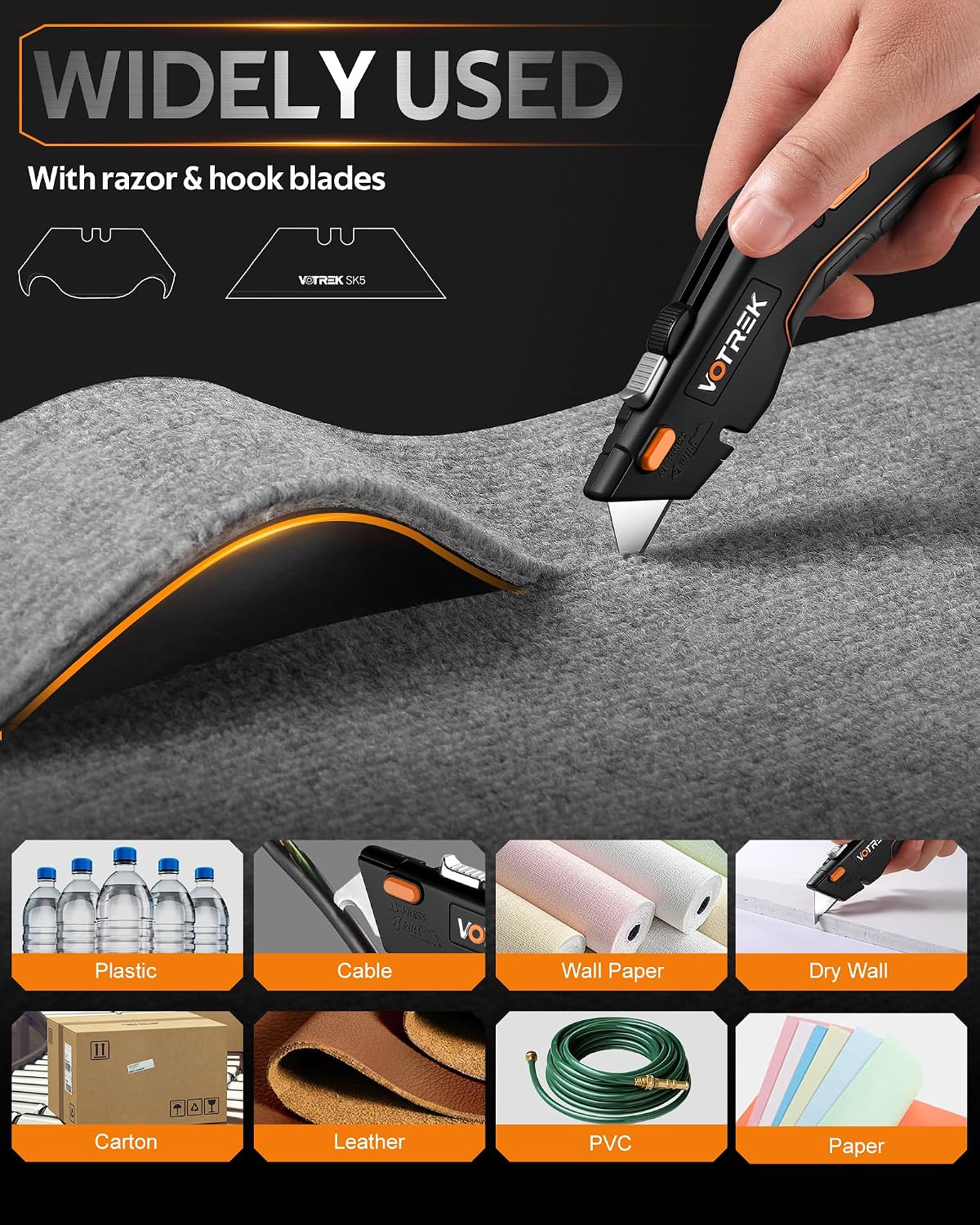 VOTREK® Box Cutter Utility Knife, [2-in-1] Retractable Box Cutter, with Blade Storage, Safety All Metal Heavy Duty Sharp Razor Knife for Home & Warehouse Cardboard, Carton, with Extra Blades