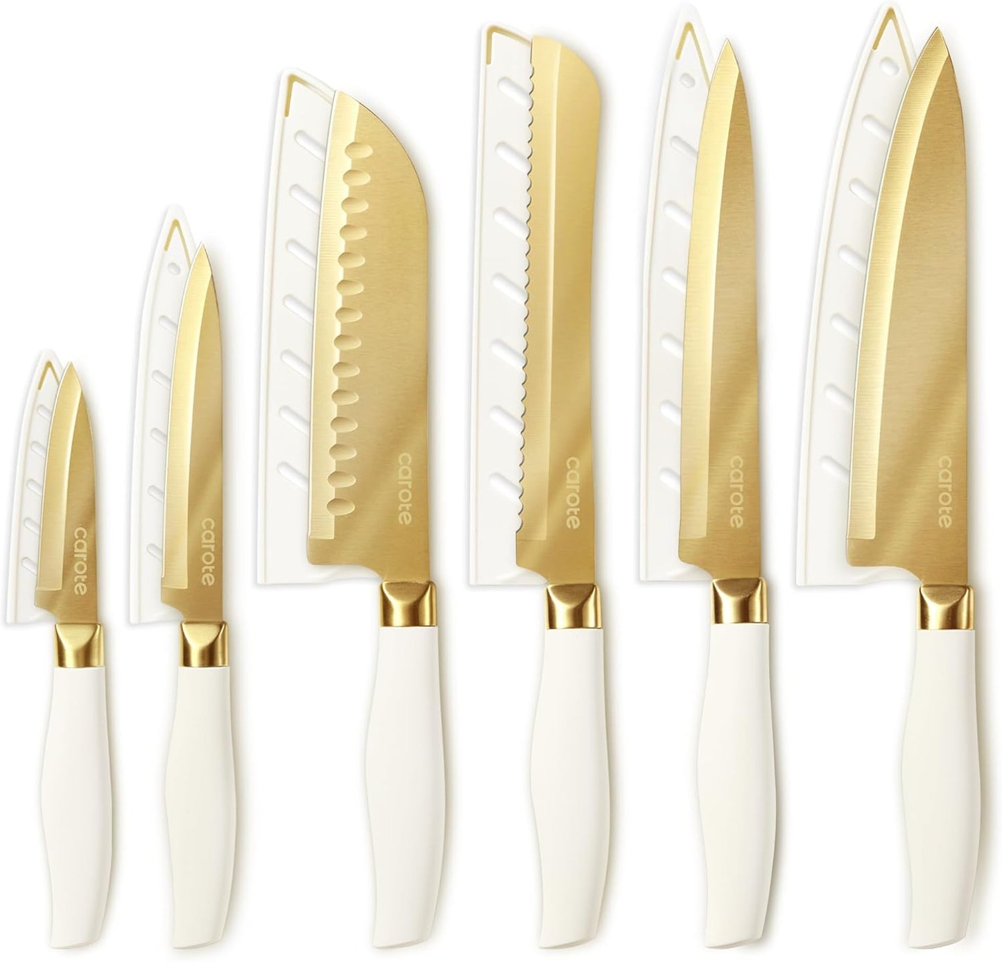 Kitchen Knife Set, 6 Gold Knives with 6 Blade Guards, 12-Piece | Stainless Steel Blades, Ceramic Nonstick Coating, Long-Lasting Sharpness, Rust-Resistant, Non-Slip, Dishwasher Safe