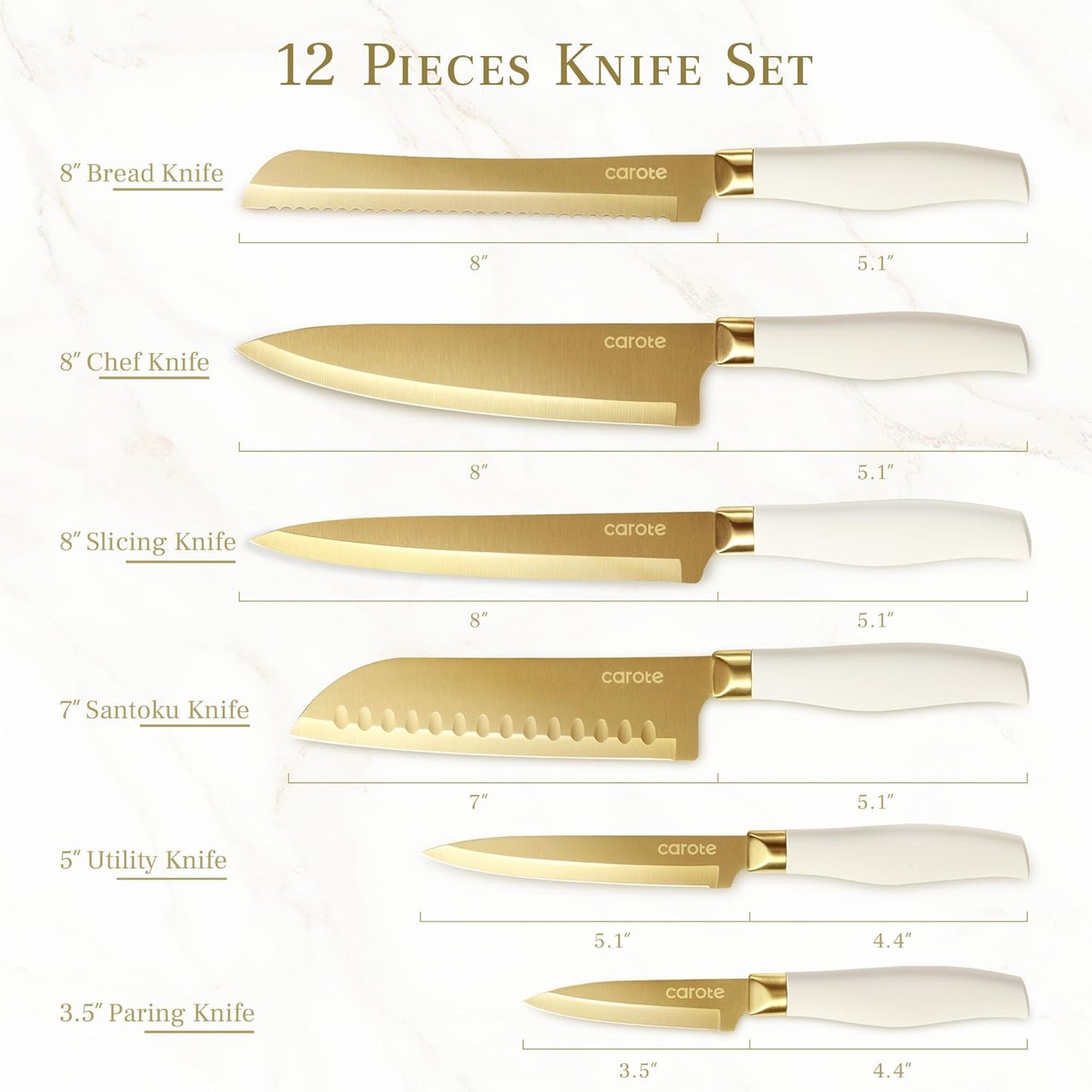 Kitchen Knife Set, 6 Gold Knives with 6 Blade Guards, 12-Piece | Stainless Steel Blades, Ceramic Nonstick Coating, Long-Lasting Sharpness, Rust-Resistant, Non-Slip, Dishwasher Safe