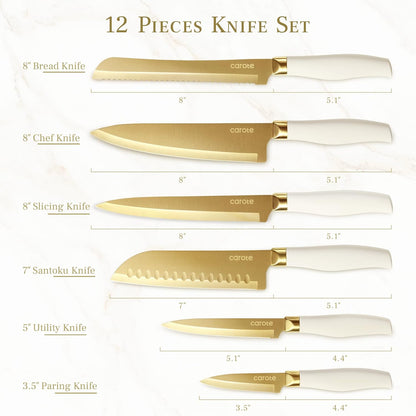 Kitchen Knife Set, 6 Gold Knives with 6 Blade Guards, 12-Piece | Stainless Steel Blades, Ceramic Nonstick Coating, Long-Lasting Sharpness, Rust-Resistant, Non-Slip, Dishwasher Safe
